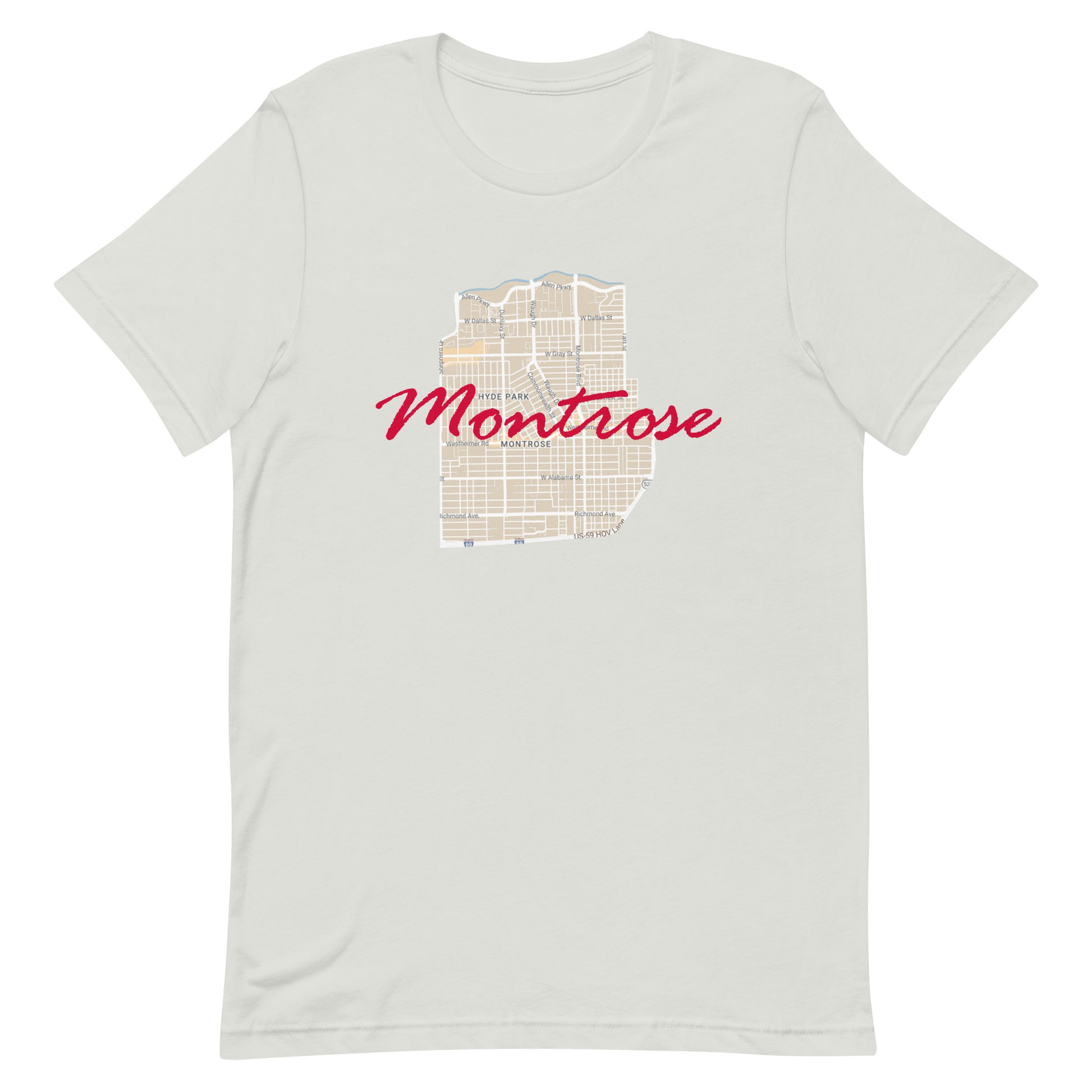 Houston Texas Montrose Street Map Tee Silver unisex-staple-t-shirt-silver-front-63b9df501f580