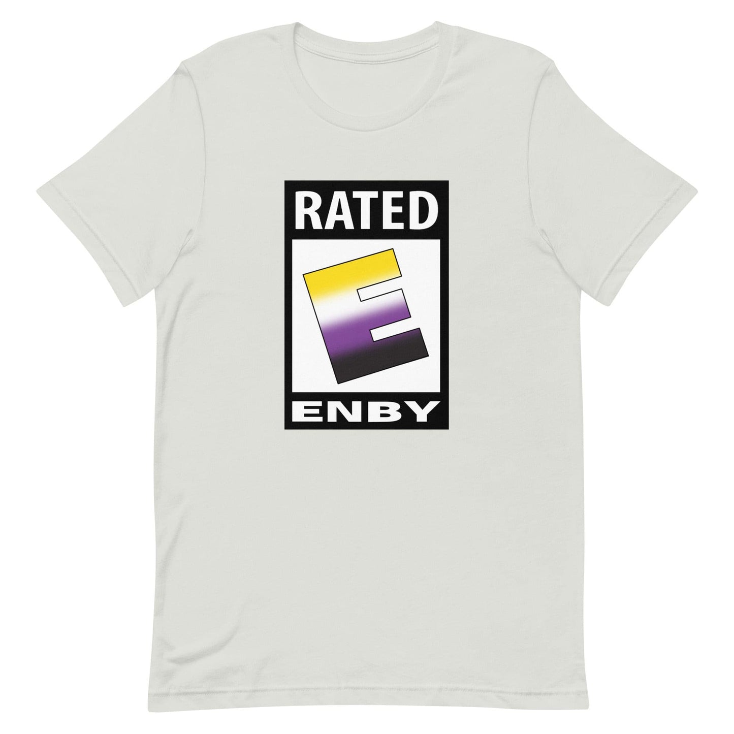 Nonbinary Enby Pride T-Shirt - Rated E For Enby Silver Nonbinary unisex-staple-t-shirt-silver-front-63ed3702f01d4