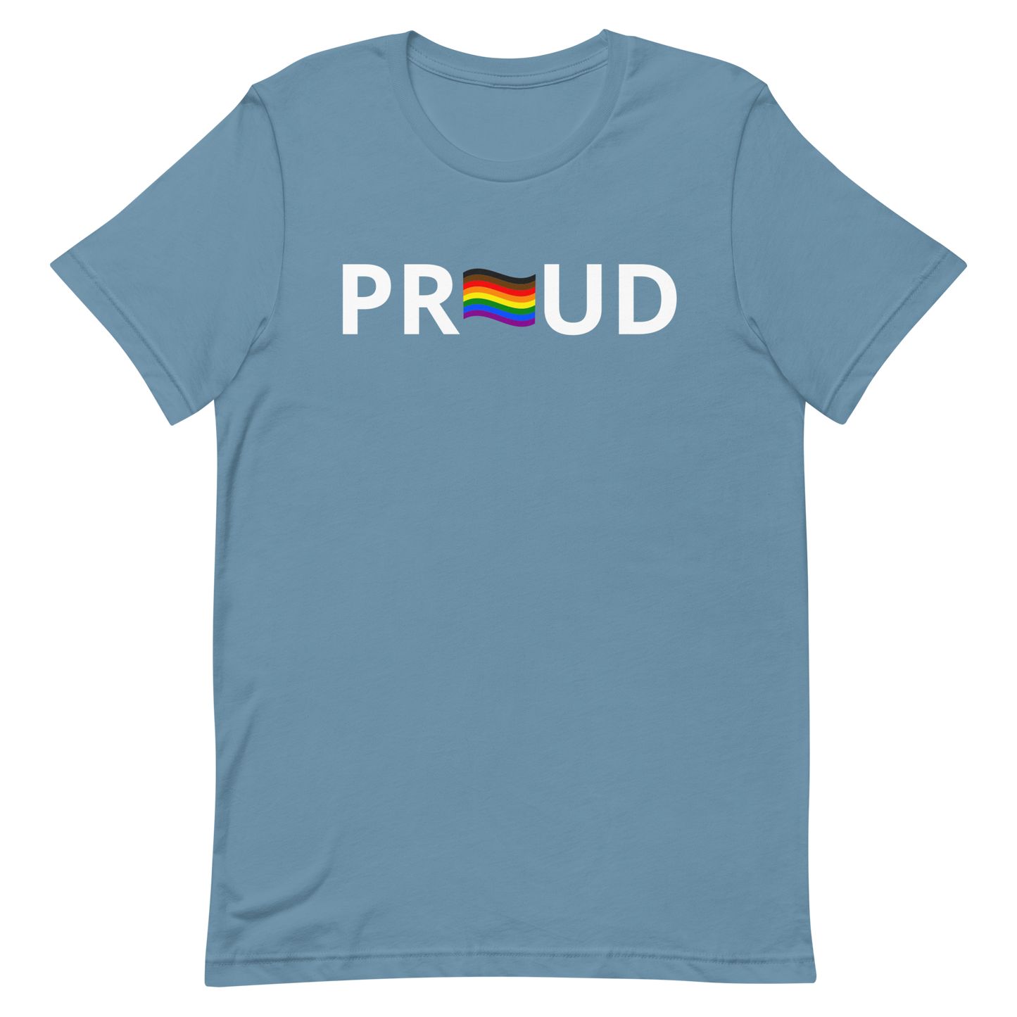 LGBTQ Pride T-Shirt - 8 Stripe "Proud" Steel Blue Pride unisex-staple-t-shirt-steel-blue-front-6312c77152eb2