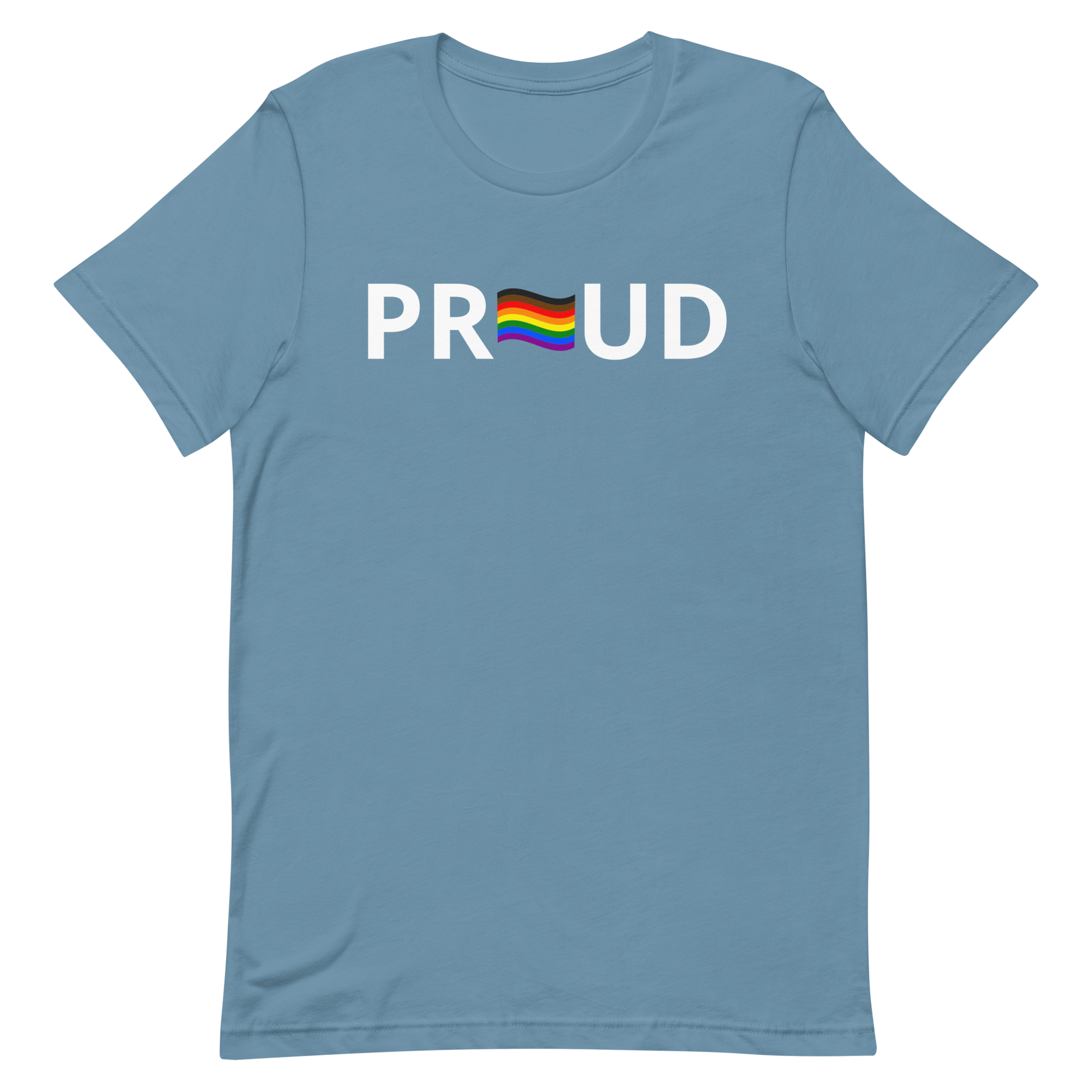 LGBTQ Pride T-Shirt - 8 Stripe "Proud" Steel Blue Pride unisex-staple-t-shirt-steel-blue-front-6312c77152eb2