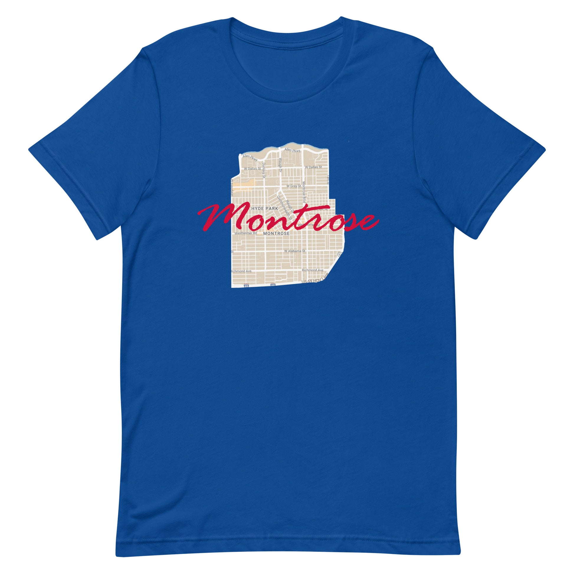 Houston Texas Montrose Street Map Tee True Royal unisex-staple-t-shirt-true-royal-front-63b9df500a71a