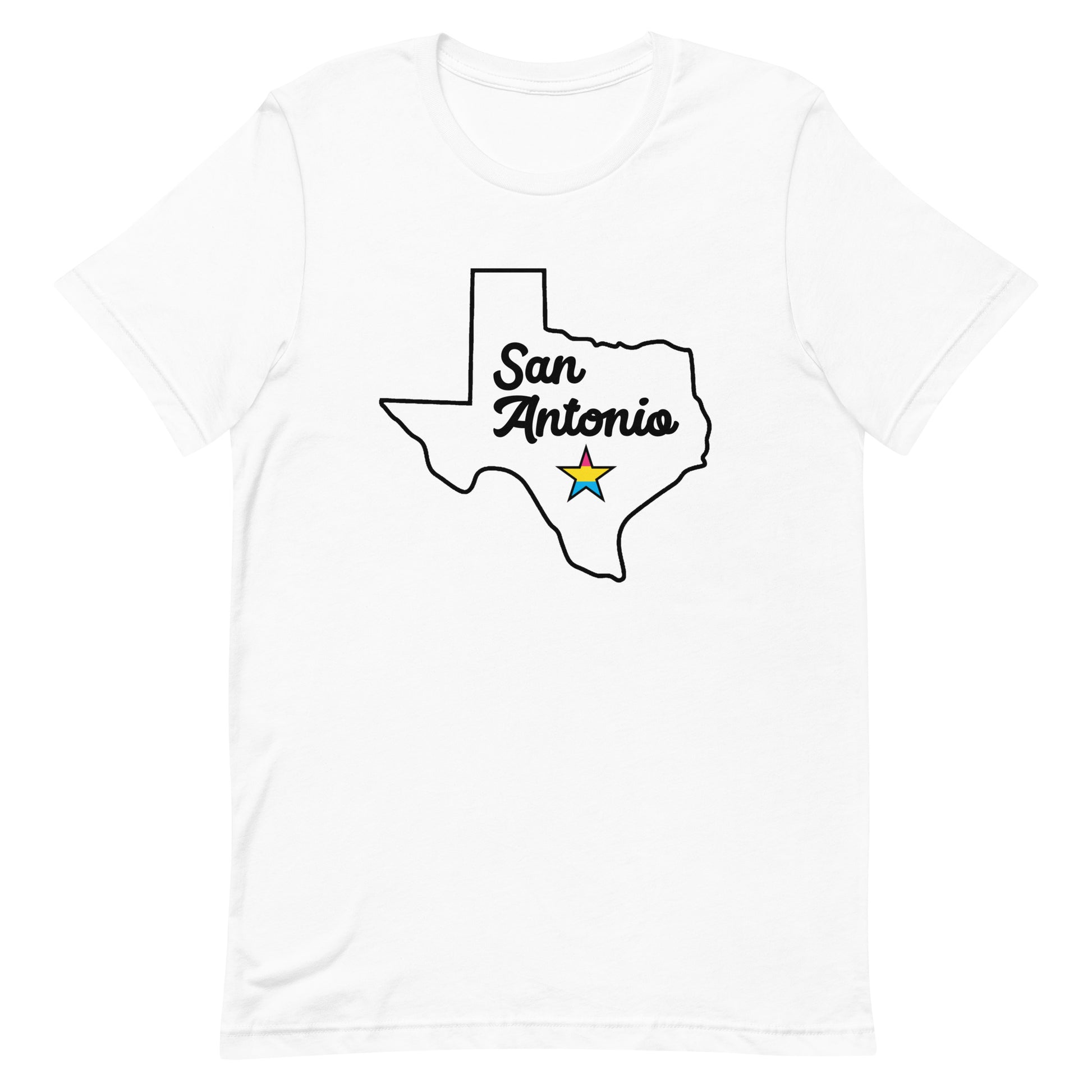 San Antonio Texas Pansexual Star Tee White Pansexual unisex-staple-t-shirt-white-front-63b638cf558a2