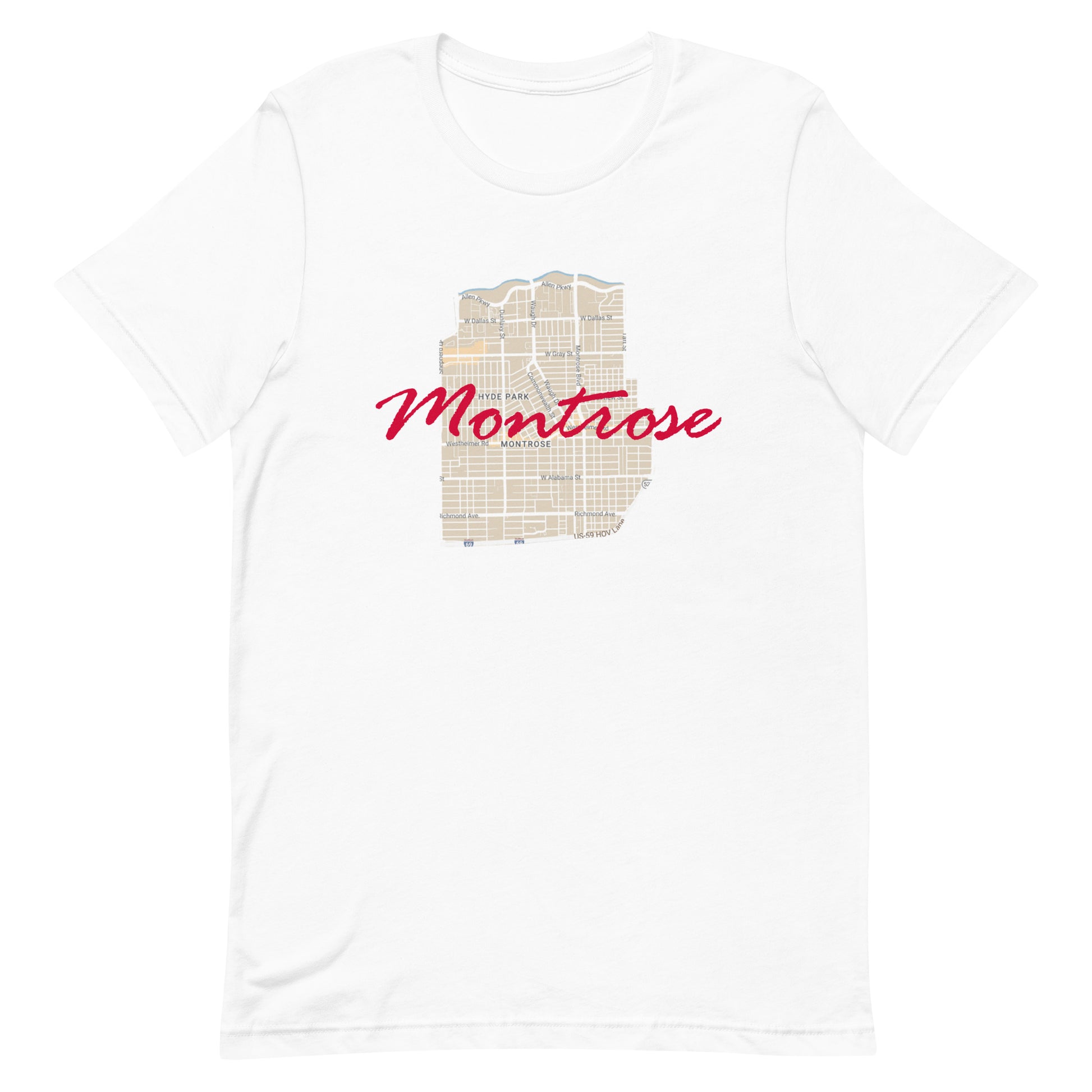 Houston Texas Montrose Street Map Tee White unisex-staple-t-shirt-white-front-63b9df502a74f