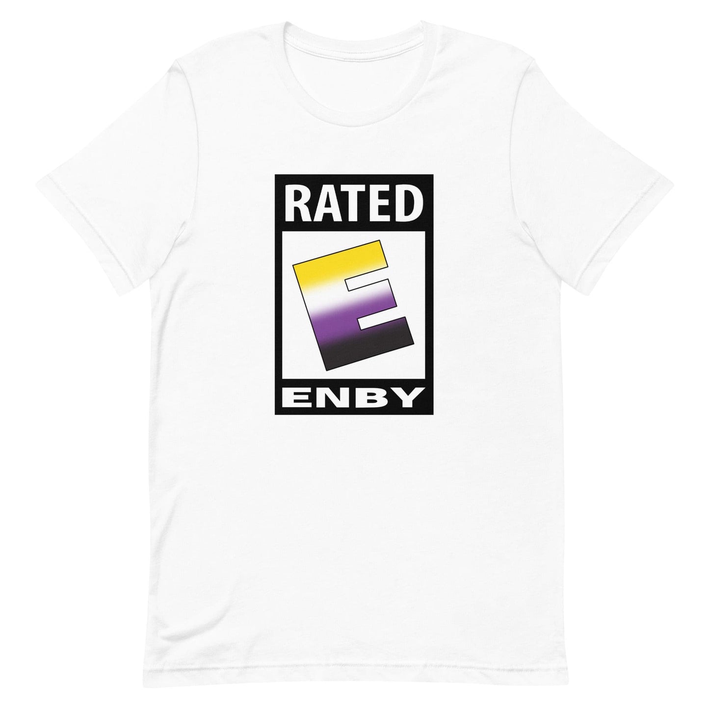 Nonbinary Enby Pride T-Shirt - Rated E For Enby White Nonbinary unisex-staple-t-shirt-white-front-63ed3702f0be2