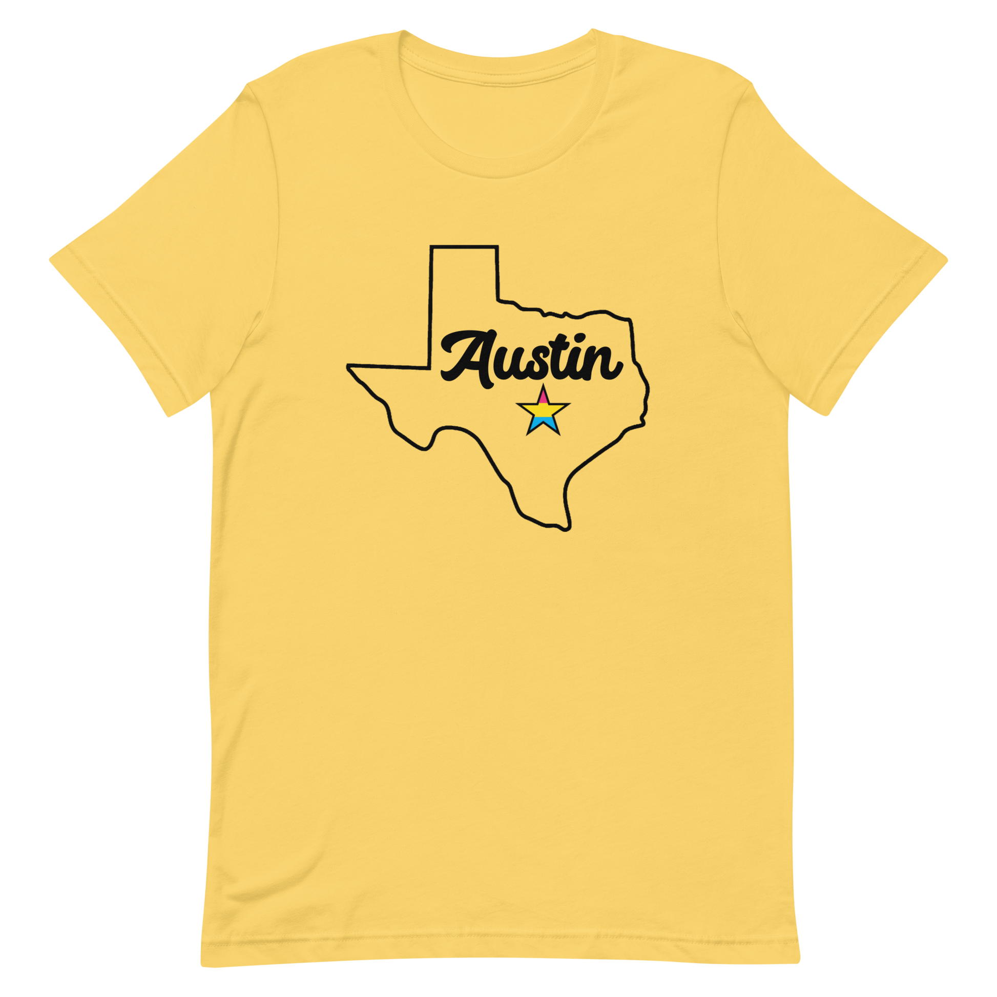 Austin Texas Pansexual Star Tee Yellow Pansexual unisex-staple-t-shirt-yellow-front-635b372121dce