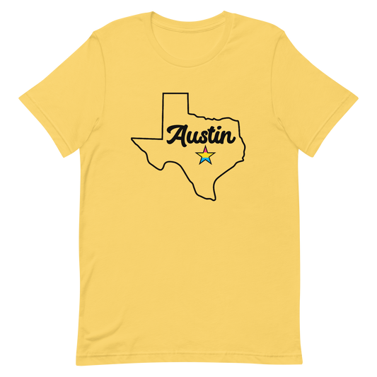 Austin Texas Pansexual Star Tee Yellow Pansexual unisex-staple-t-shirt-yellow-front-635b372121dce