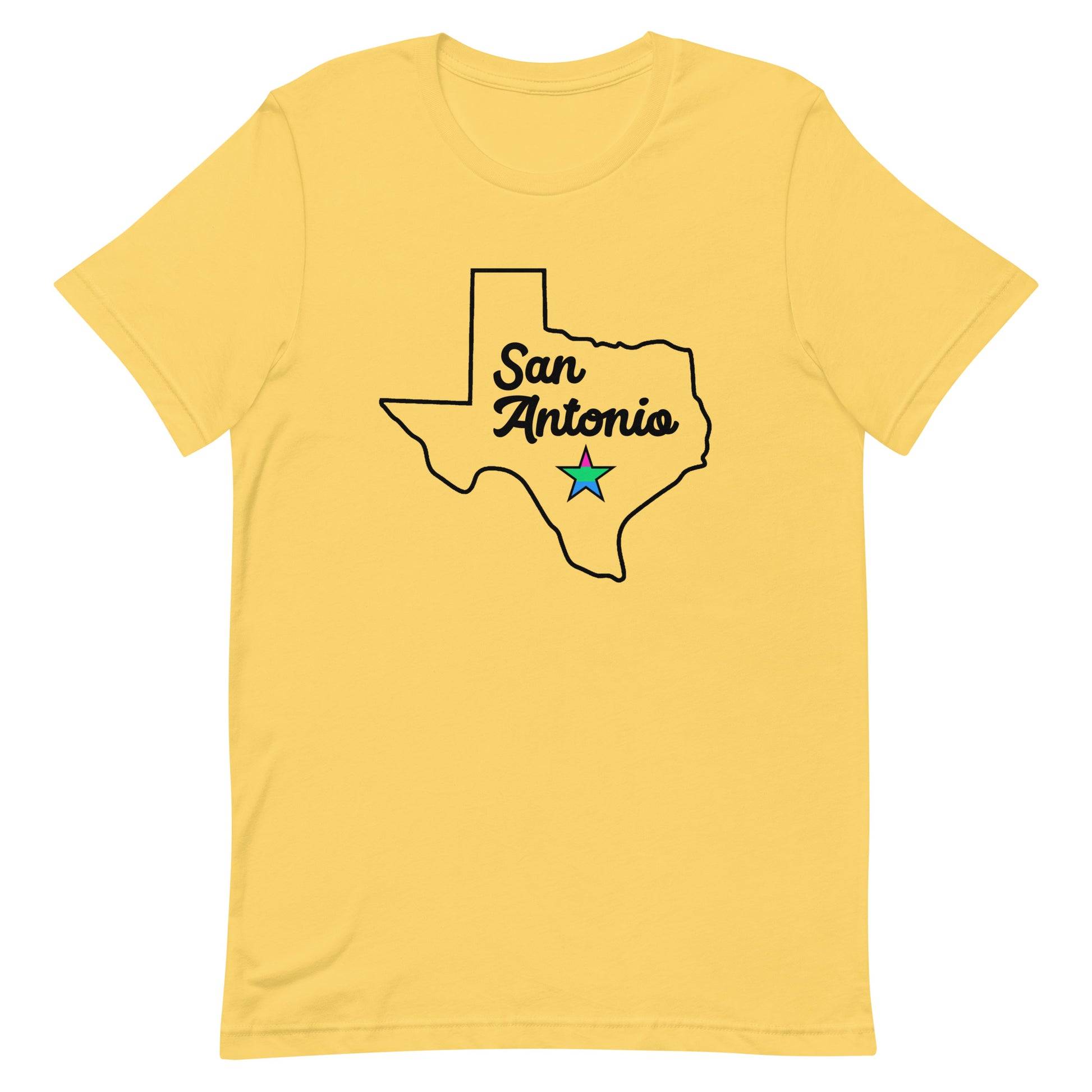 San Antonio Texas Polysexual Star Tee Yellow Polysexual unisex-staple-t-shirt-yellow-front-63b635aadfefe