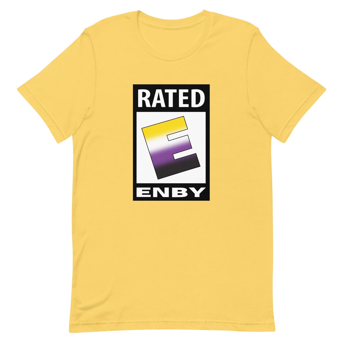 Nonbinary Enby Pride T-Shirt - Rated E For Enby Yellow Nonbinary unisex-staple-t-shirt-yellow-front-63ed3702eee19