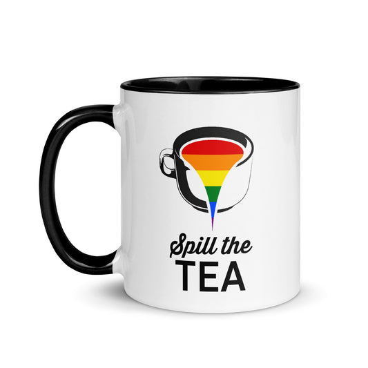 LGBTQ Pride Ceramic Coffee Tea Mug - Spill The Tea white-ceramic-mug-with-color-inside-black-11oz-left-640a949b8a88d