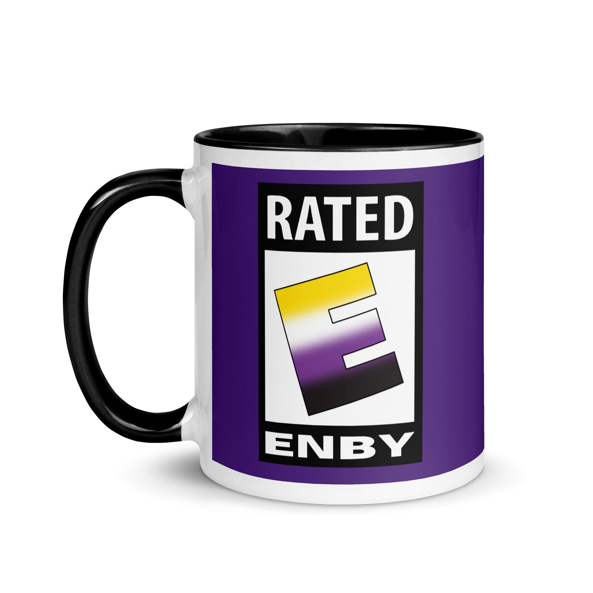 Nonbinary Enby Pride Ceramic Coffee Tea Mug - Rated E For Enby Black Nonbinary white-ceramic-mug-with-color-inside-black-11oz-left-6412692e006c6