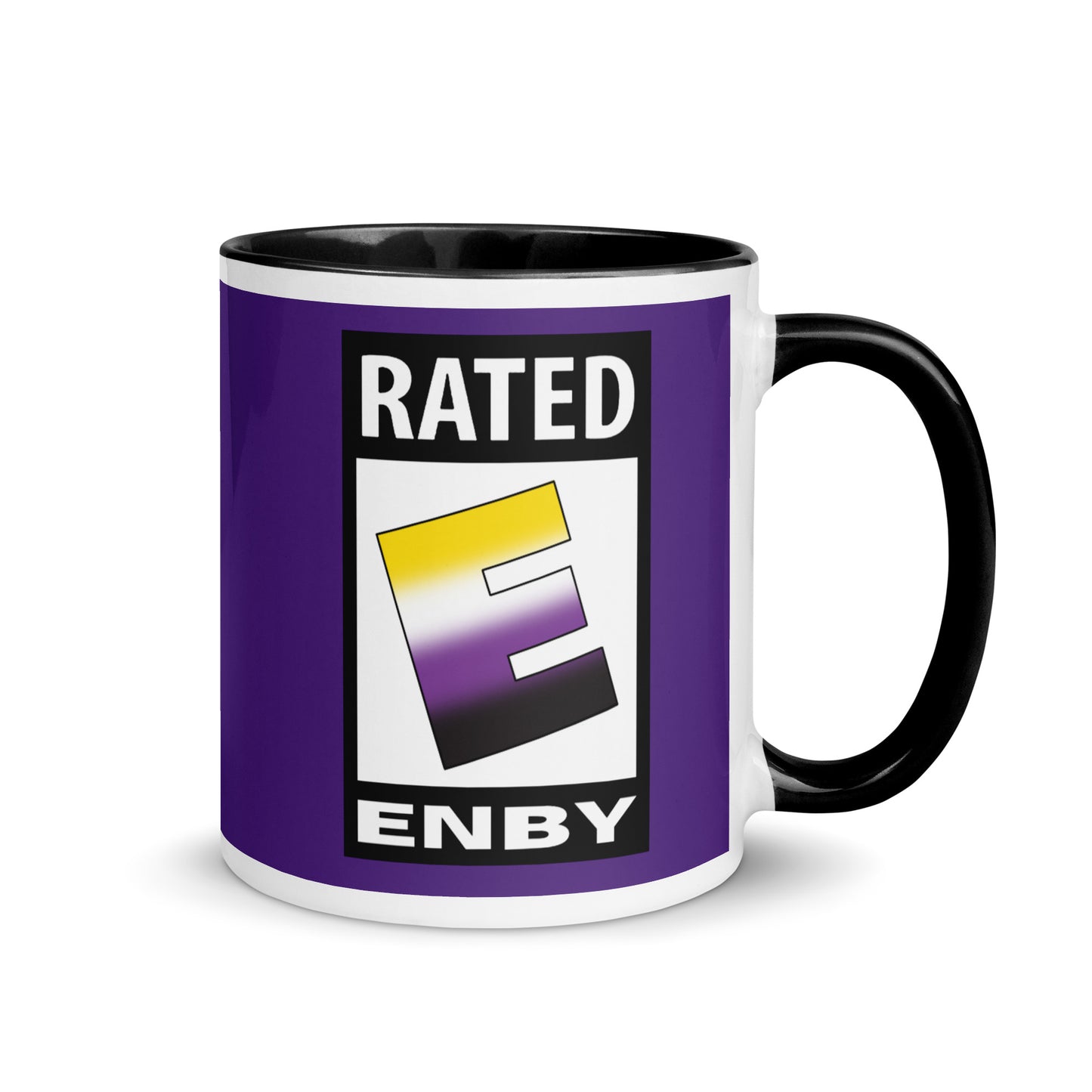 Nonbinary Enby Pride Ceramic Coffee Tea Mug - Rated E For Enby white-ceramic-mug-with-color-inside-black-11oz-right-6412692e00608