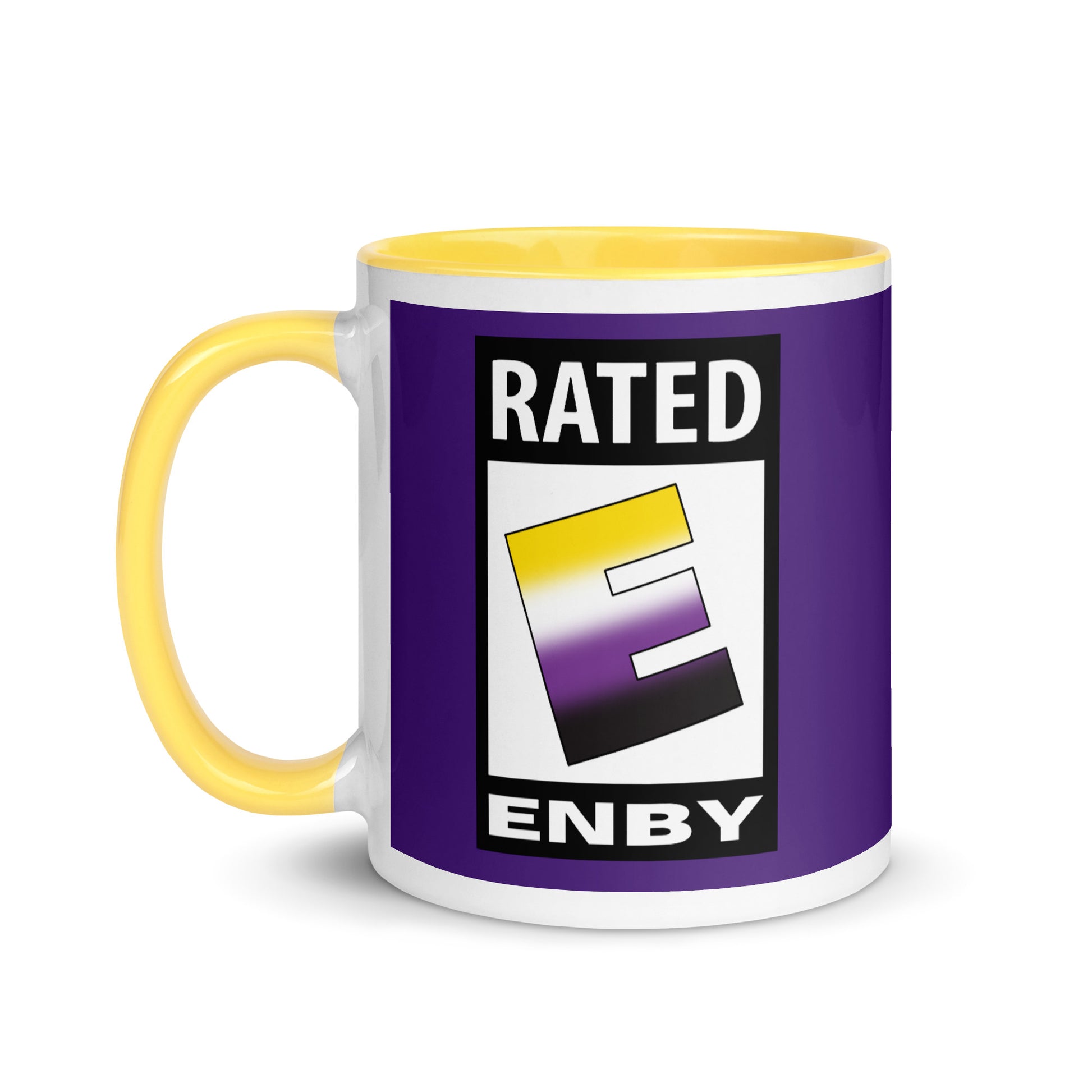 Nonbinary Enby Pride Ceramic Coffee Tea Mug - Rated E For Enby Yellow Nonbinary white-ceramic-mug-with-color-inside-yellow-11oz-left-6412692e00772