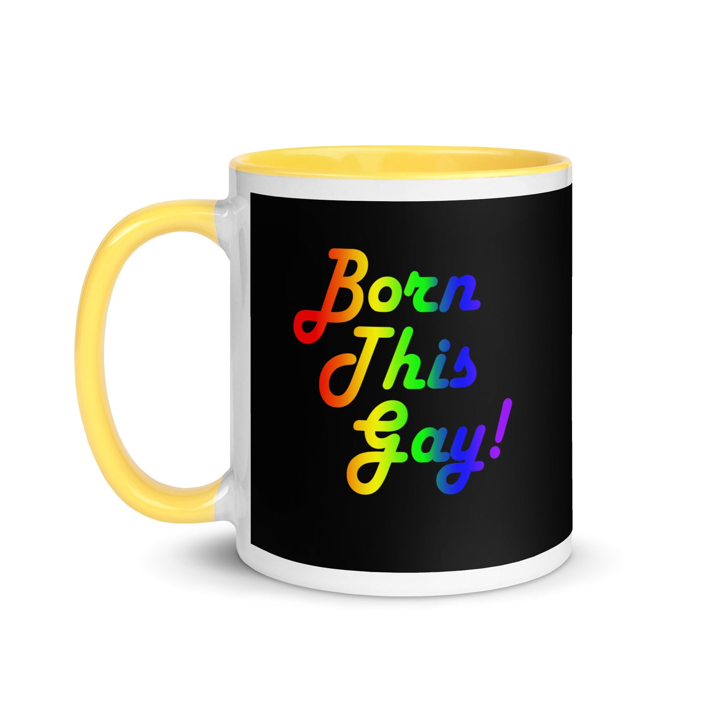 LGBTQ Pride Ceramic Coffee Tea Mug - Born This Gay Yellow Pride white-ceramic-mug-with-color-inside-yellow-11oz-left-641270c1c3ded