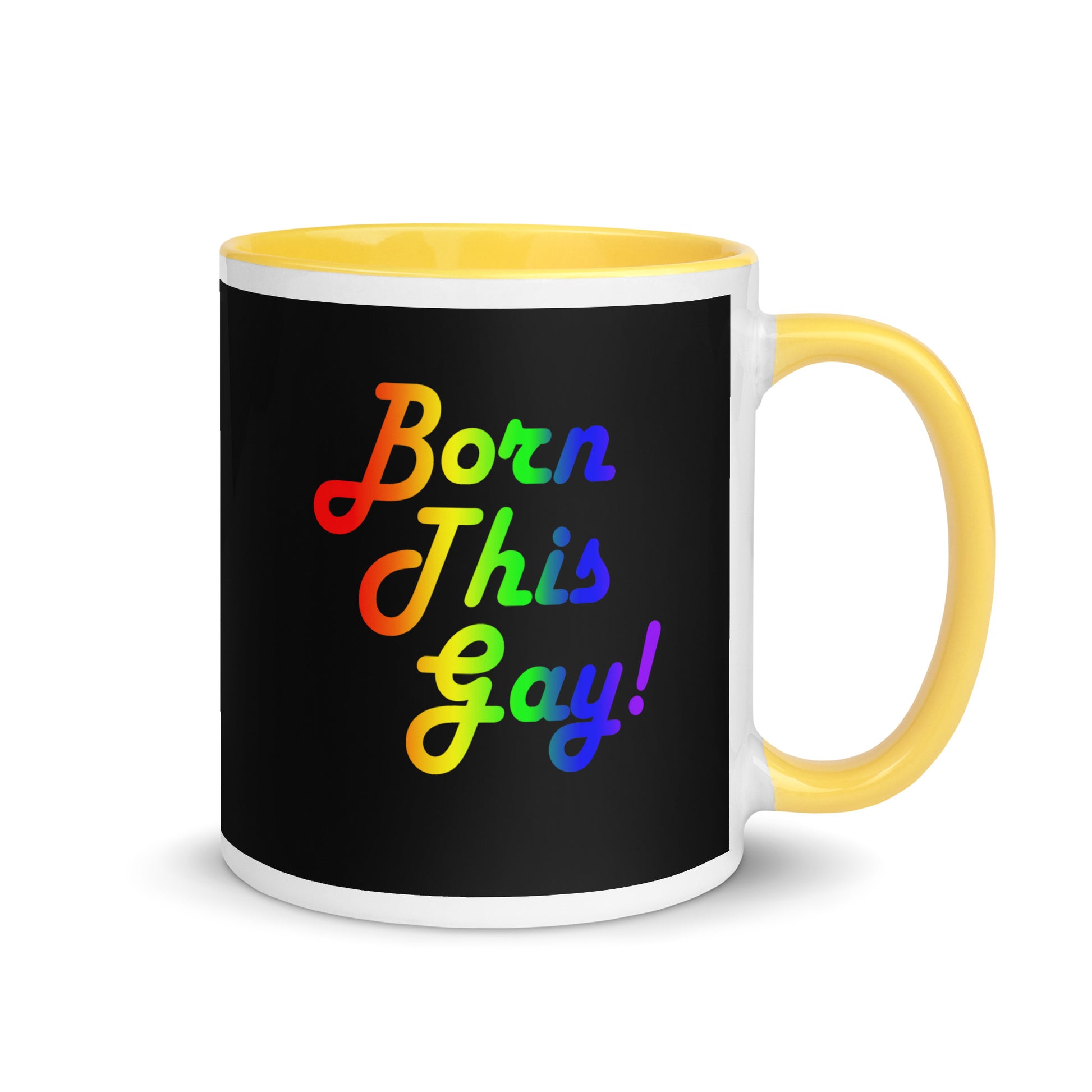 LGBTQ Pride Ceramic Coffee Tea Mug - Born This Gay white-ceramic-mug-with-color-inside-yellow-11oz-right-641270c1c3d74